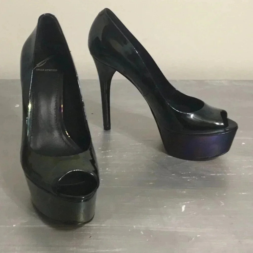Brian Atwood Black Patent Peep-Toe Platform Pumps